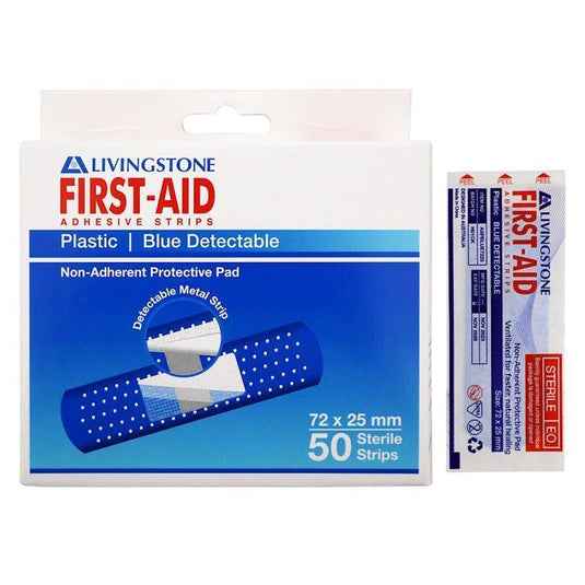 Livingstone Metal Detectable Blue Adhesive Strips with Pad Waterproof 72 x 25mm 50 Pieces/Box