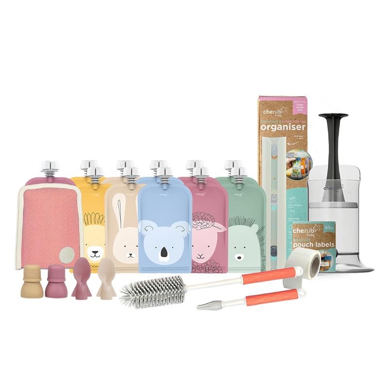 Load image into Gallery viewer, Cherub Baby On the Go Reusable Food Pouches | Bundle Kit | Dusty Rose &amp; Sand Pack
