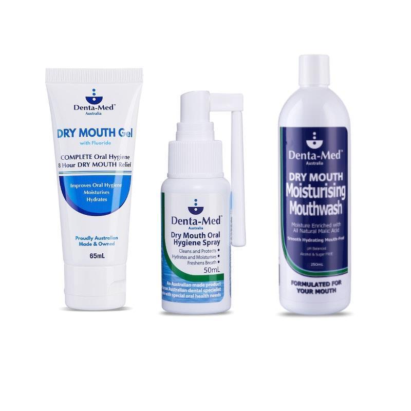Load image into Gallery viewer, Denta-Med Dry Mouth Gel 65mL Tube, Dry Mouth Oral Hygiene Spray 50mL &amp; Moisturising Mouthwash 250mL Bottle Bundle
