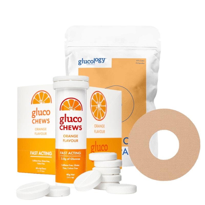 Load image into Gallery viewer, Glucology 25 Pack CGM Patches + 12 Tubes of Glucochews 25 Pack CGM Patches for Freestyle Libre (Beige) + 12 Tubes of Glucochews  (Orange)
