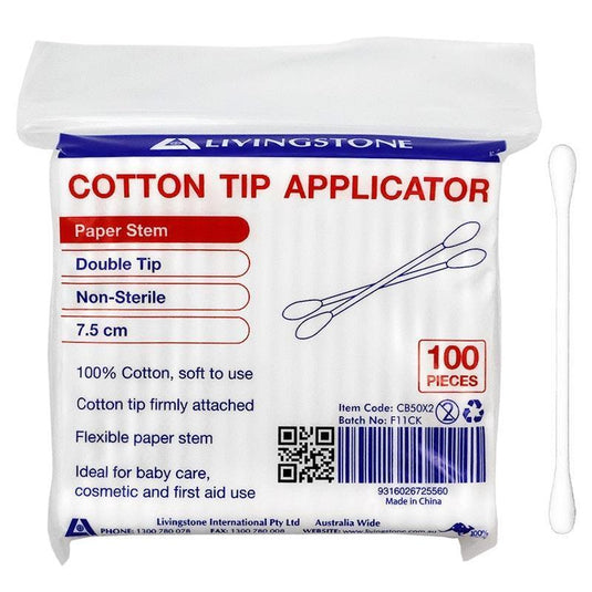Livingstone Cotton Tip Applicator Double Tipped Biodegradable Paper Stem 7.5cm 100 Pieces/Pack