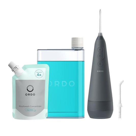 ORDO Hydro Sonic Water Flosser - Charcoal Grey & Reusable Mouthwash Bottle & Concentrate Bundle