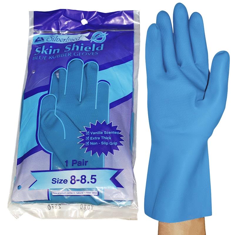Load image into Gallery viewer, Skin Shield Silver Lined Natural Rubber Gloves Vanilla Scented Pair Blue Size 8-8.5
