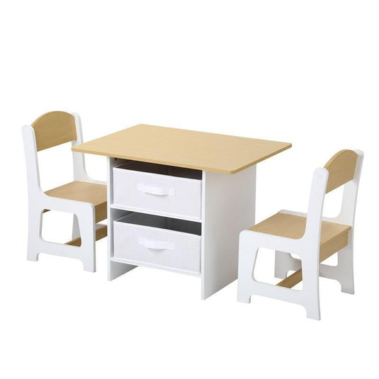 Oikiture Kids Table and Chairs Set Wooden Play Study Desk with Toy Storage Box White & Wooden