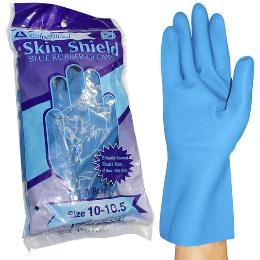Skin Shield Silver Lined Natural Rubber Gloves Vanilla Scented Pair Blue Size 10-10.5
