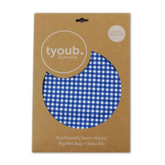 tyoub On The Go - Gift Set, Reusable Swim Nappy, Wet Bag and Baby Bib - Blue Check One Size