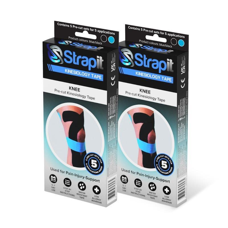 Load image into Gallery viewer, Strapit Knee Precut Kinesiology Tape - BLACK/BLUE - Box of 5 2 Pack
