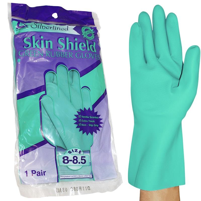 Load image into Gallery viewer, Skin Shield Silver Lined Natural Rubber Gloves Vanilla Scented Pair Green Size 8-8.5
