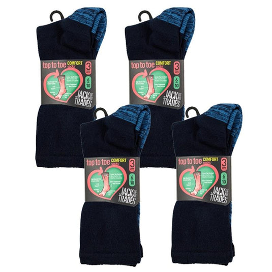 Jack of All Trades 12 Pairs of Men's Top to Toe Comfort Socks - Navy Size 6-10