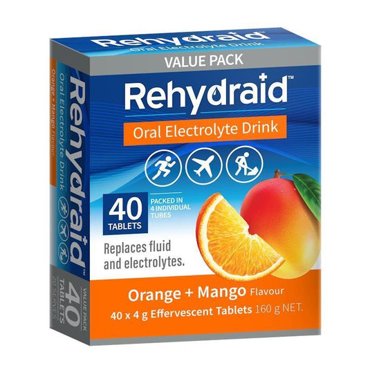 Rehydraid Electrolyte Effervescent Tablets – Single 40 Pack Orange and Mango