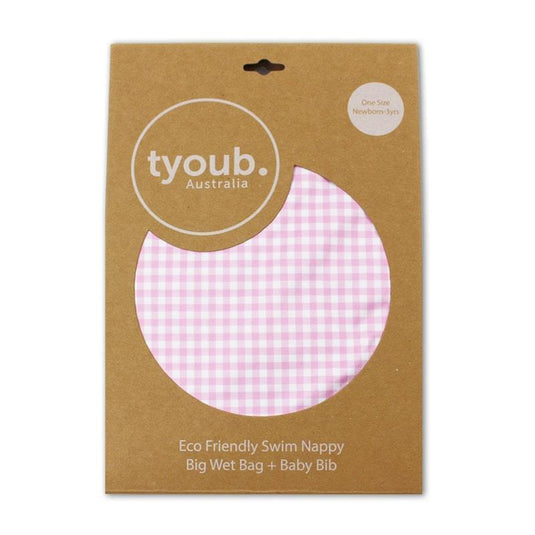 tyoub On The Go - Gift Set, Reusable Swim Nappy, Wet Bag and Baby Bib - Pink Check One Size