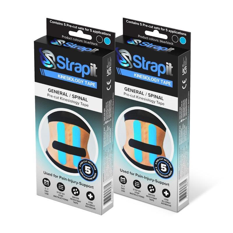 Load image into Gallery viewer, Strapit Back/Spinal/General Precut Kinesiology Tape - BLACK/BLUE - Box of 5 2 Pack
