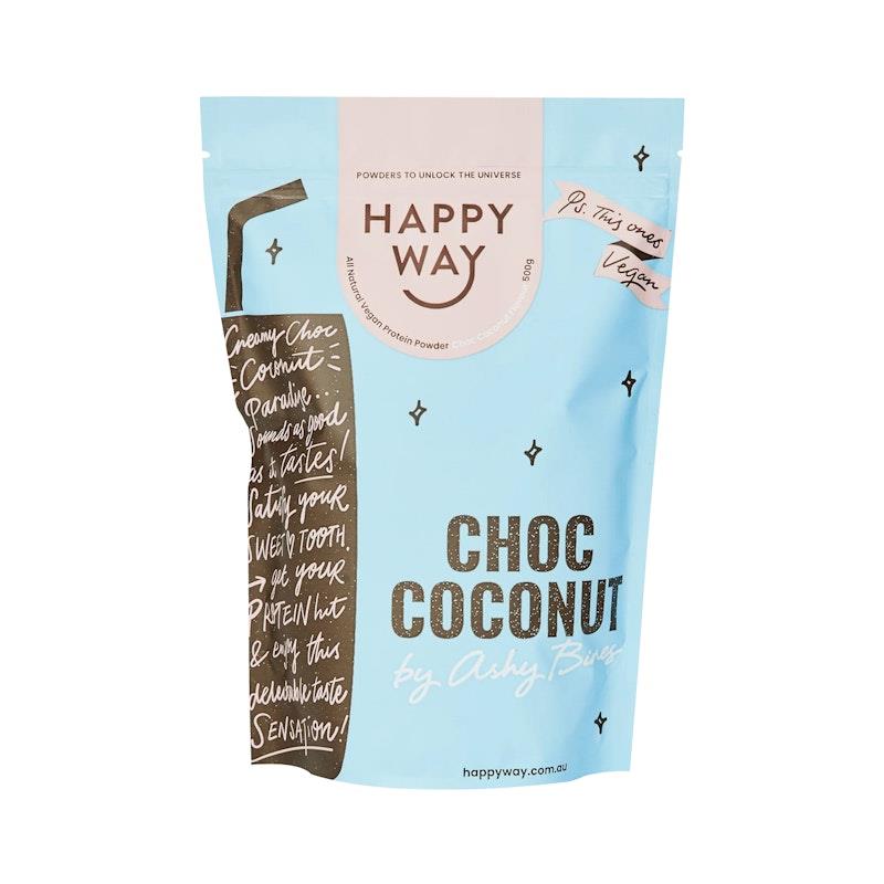 Load image into Gallery viewer, Happy Way Ashy Bines Choc Coconut Vegan Protein Powder 500g
