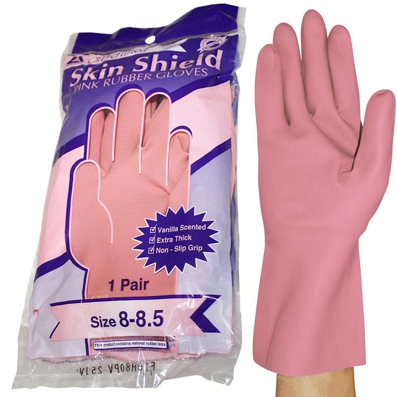 Load image into Gallery viewer, Skin Shield Silver Lined Natural Rubber Gloves Vanilla Scented Pair Pink Size 8-8.5
