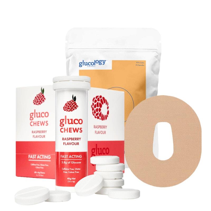 Load image into Gallery viewer, Glucology 25 Pack CGM Patches + 12 Tubes of Glucochews 25 Pack CGM Patches for Dexcom G6 (Beige) + 12 Tubes of Glucochews (Raspberry)

