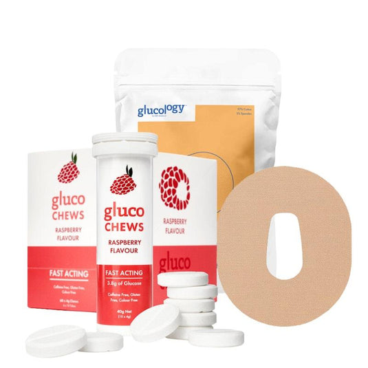 Glucology 25 Pack CGM Patches + 12 Tubes of Glucochews 25 Pack CGM Patches for Dexcom G6 (Beige) + 12 Tubes of Glucochews (Raspberry)