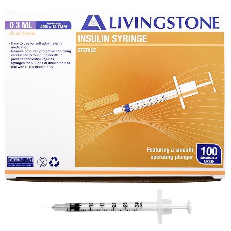 Load image into Gallery viewer, Livingstone Insulin Syringes 0.3mL White Plunger with Needle 29 Gauge Sterile 100 Pieces/Box
