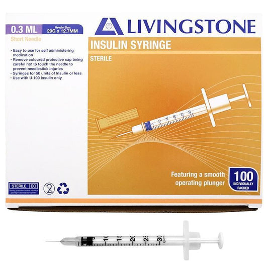 Livingstone Insulin Syringes 0.3mL White Plunger with Needle 29 Gauge Sterile 100 Pieces/Box