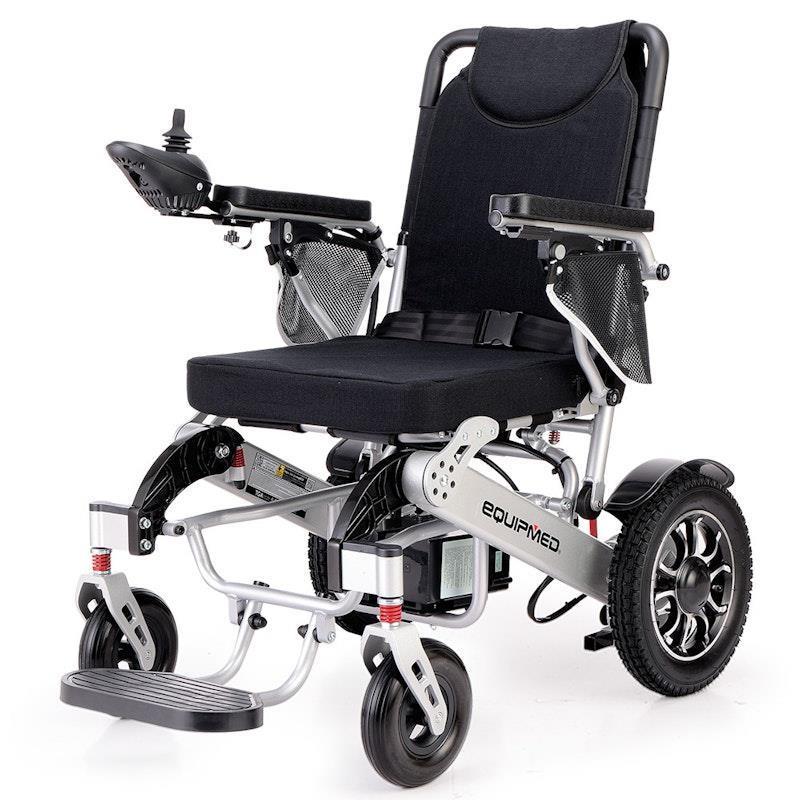 Load image into Gallery viewer, Equipmed Power Electric Wheelchair, Airline Approved Wheel Chair, Lightweight, Folding, Long Range, Lithium Batteries Black &amp; Silver
