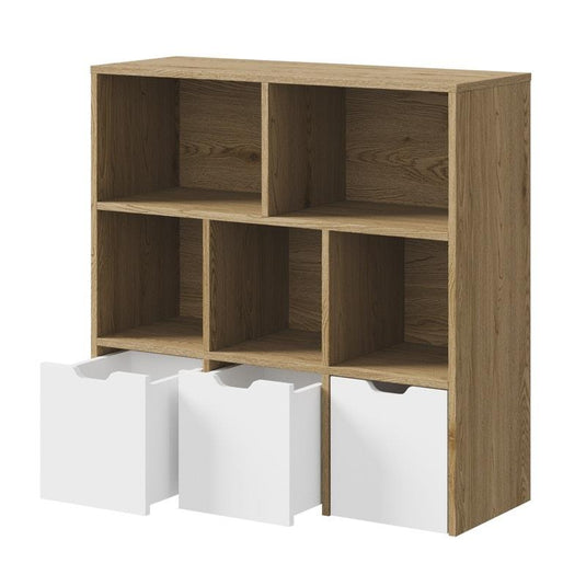 Oikiture Kids Bookcase Toy Organiser Cabinet With Removable Box Storage Natural & White