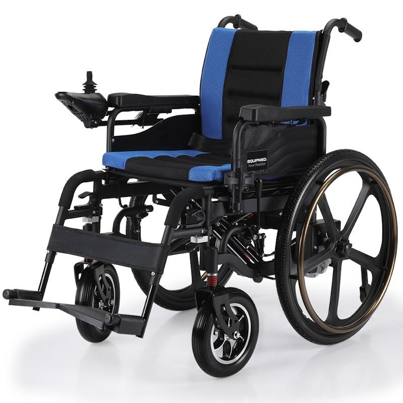 Load image into Gallery viewer, Equipmed Electric Wheelchair Folding, Long Range, 24" Light Rear Wheels Black &amp; Blue
