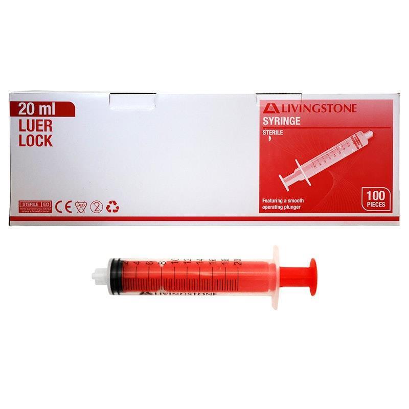 Load image into Gallery viewer, Livingstone Syringe Luer Lock Tip Red Plunger Sterile 20mL 100 Pieces/Box
