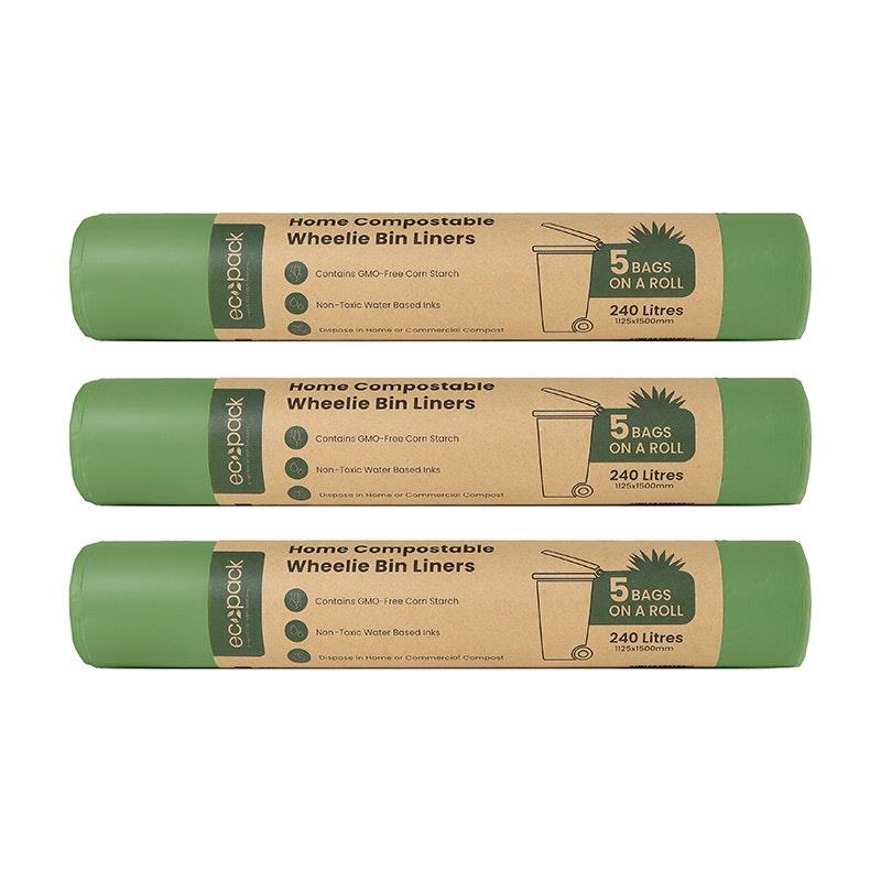 Load image into Gallery viewer, Ecopack 240L Compostable Wheelie Bin Bags Bundle 3 Rolls/15 Bags
