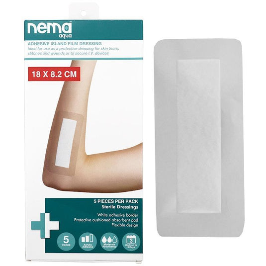 Nema Aqua Transparent Island Film Dressing Non-Adherent Pad Waterproof Sterile 18 x 8.2cm 5 Pieces/Box