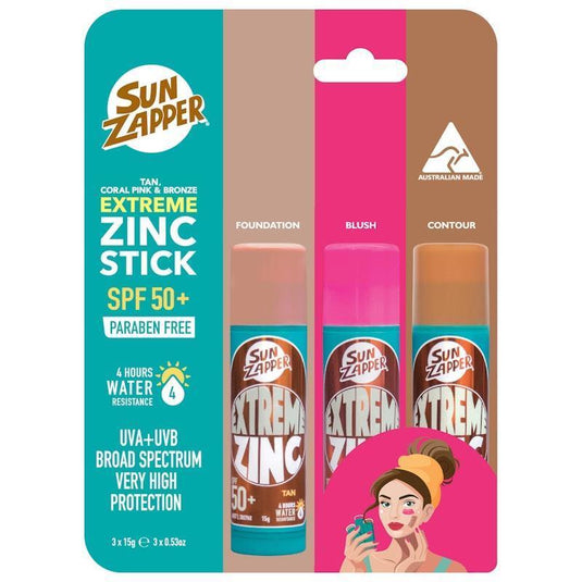 SUN ZAPPER Extreme Zinc Tan/Pink/Bronze SPF 50+ Stick 3Pack