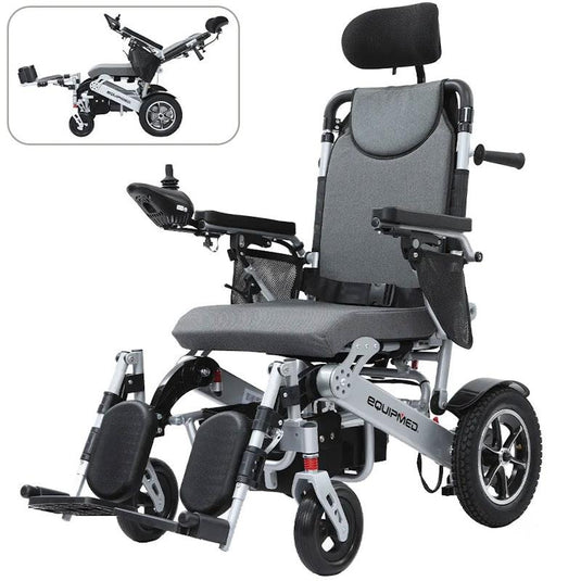 Equipmed Power Electric Wheelchair, Folding, Airline Approved, ARTG Certified, Recline Adjustment, Headrest, Aluminium Frame, Lithium Battery Grey