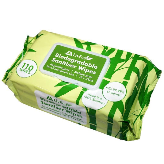 LivEco Sanitiser Disinfectant Bamboo Natural Wipe 110 Wipes 4Pack