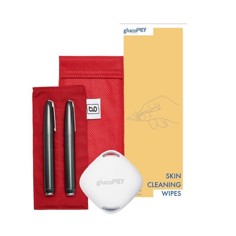 Load image into Gallery viewer, Glucology Red 2 Pen Pouch + Temperature Sensor + 20 Pack Alcohol free Finger Wipes Bundle
