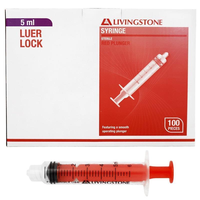 Load image into Gallery viewer, Livingstone Syringe Luer Lock Tip Red Plunger Sterile 5ml 100 Pieces/Box
