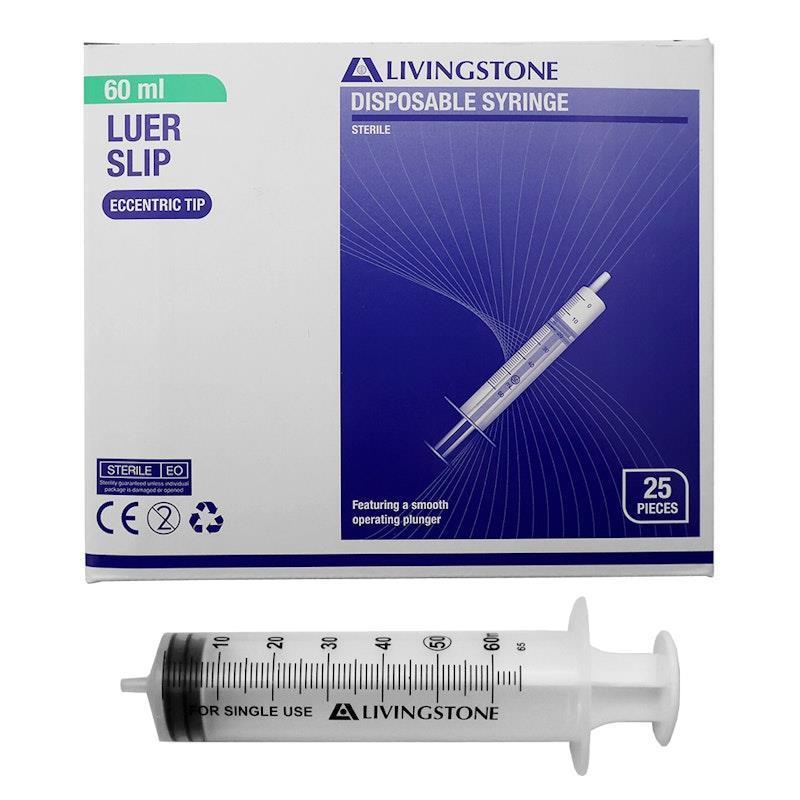 Load image into Gallery viewer, Livingstone Syringe Luer Slip Tip Eccentric Off Centre Nozzle 60ml 25 Pieces/Box
