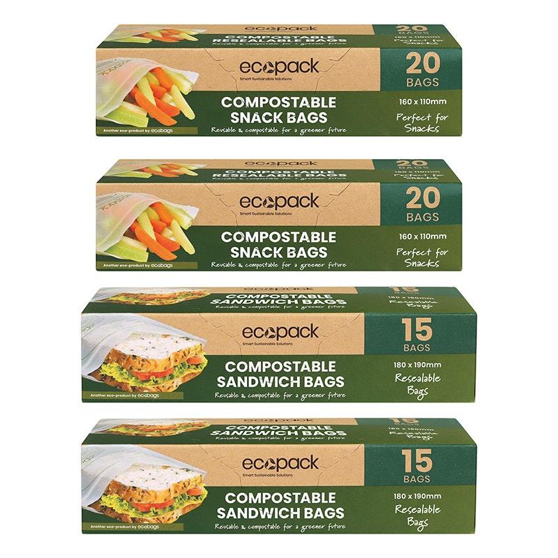 Load image into Gallery viewer, Ecopack Compostable Resealable Snack &amp; Sandwich Bags Bundle 4 Boxes/70 Bags
