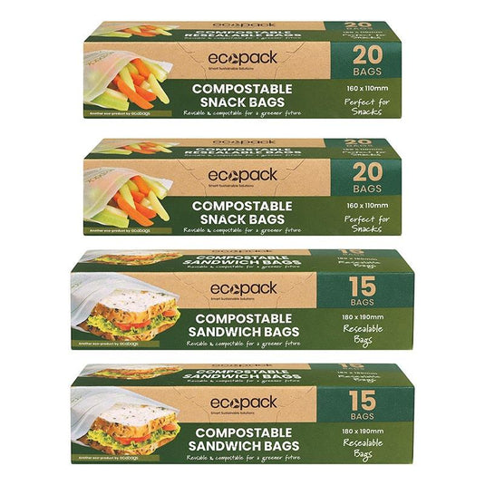 Ecopack Compostable Resealable Snack & Sandwich Bags Bundle 4 Boxes/70 Bags