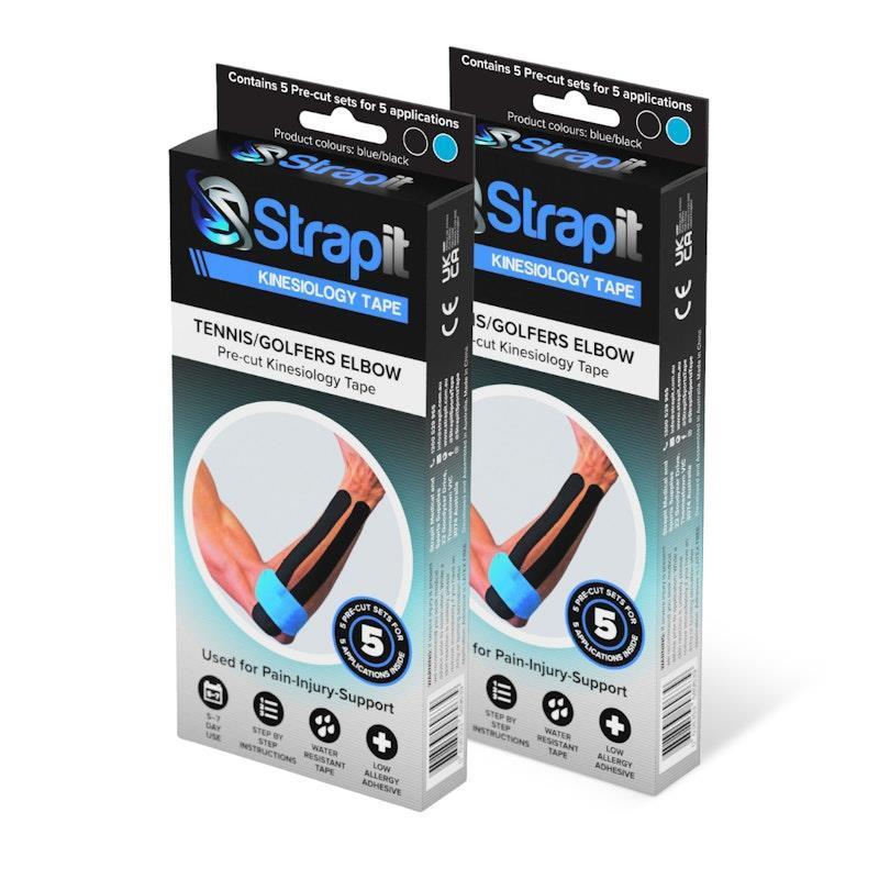 Load image into Gallery viewer, Strapit Tennis Elbow or Golfers Elbow Precut Kinesiology Tape - BLACK/BLUE - Box of 5 2 Pack
