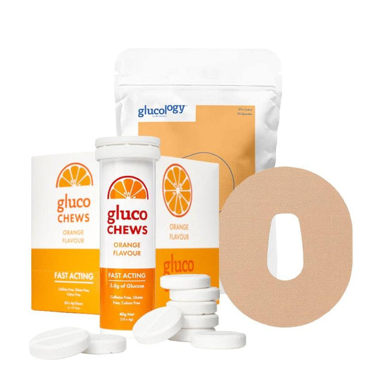 Glucology 25 Pack CGM Patches + 12 Tubes of Glucochews 25 Pack CGM Patches for Dexcom G6 (Beige) + 12 Tubes of Glucochews (Orange)