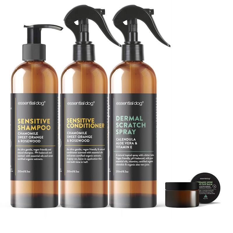 Load image into Gallery viewer, Essential Dog Sensitive Pack 4 Dog Shampoo, Conditioner, Balm &amp; Dermal Scratch Spray 3x250ml, 1x50g
