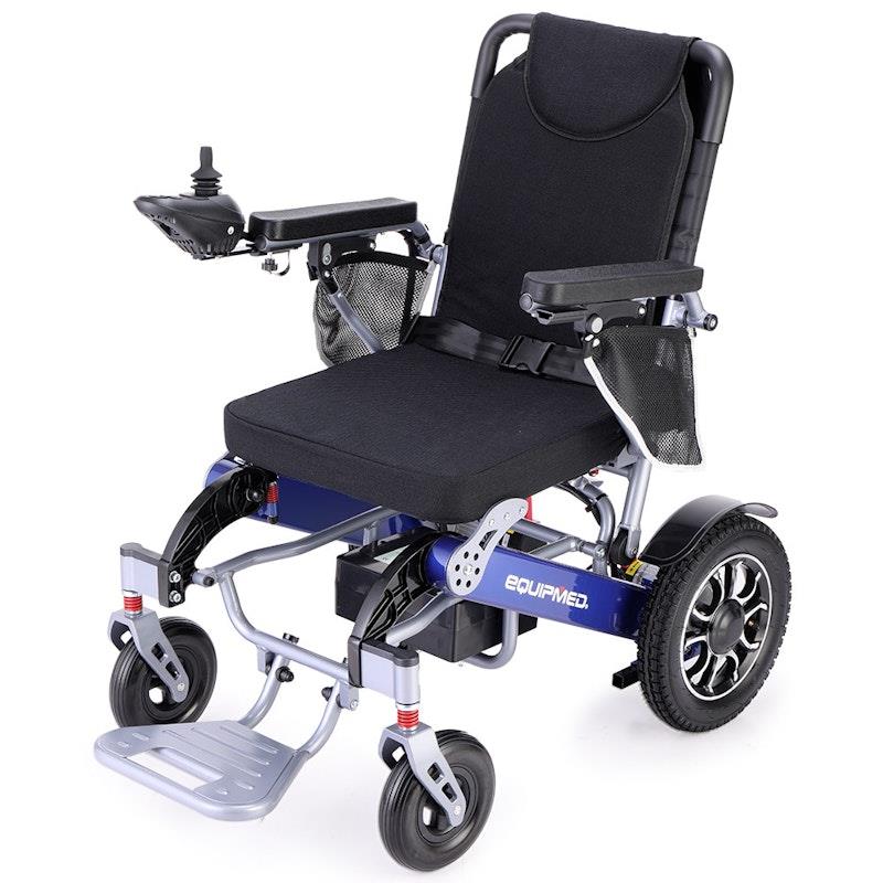 Load image into Gallery viewer, Equipmed Power Electric Wheelchair, Long Range, Airline Approved, Folding, Aluminium Frame, Lithium Battery Blue
