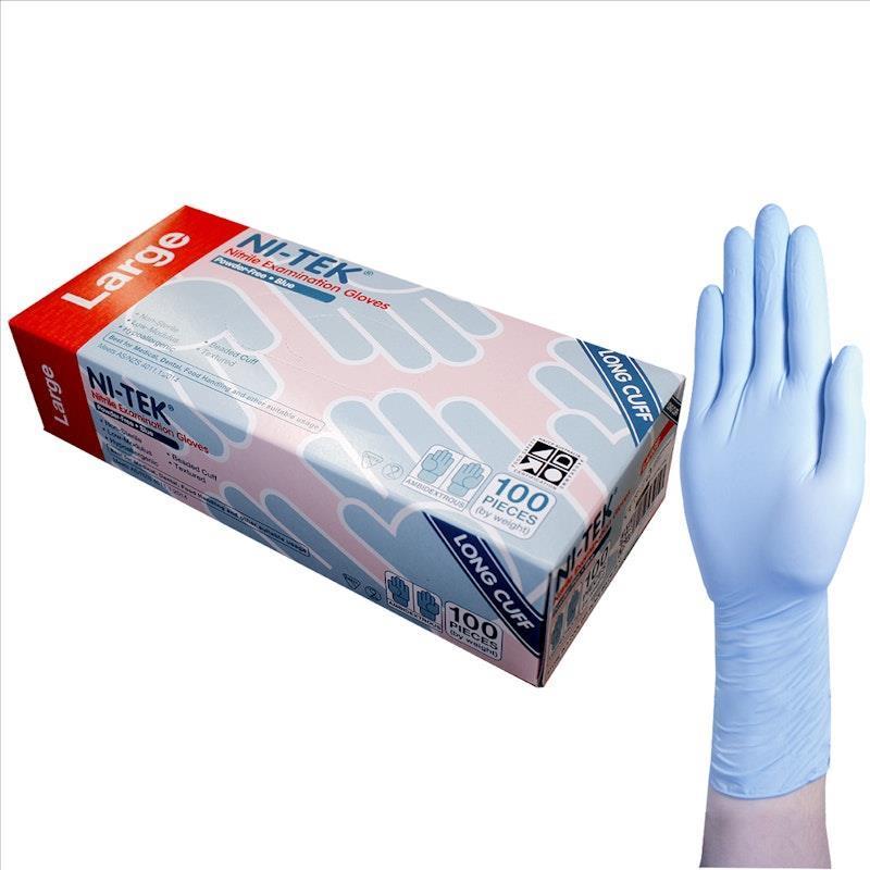 Load image into Gallery viewer, NI-TEK Nitrile Examination Gloves Long Cuff AS NZ Powder Free Large 100 Pieces/Box
