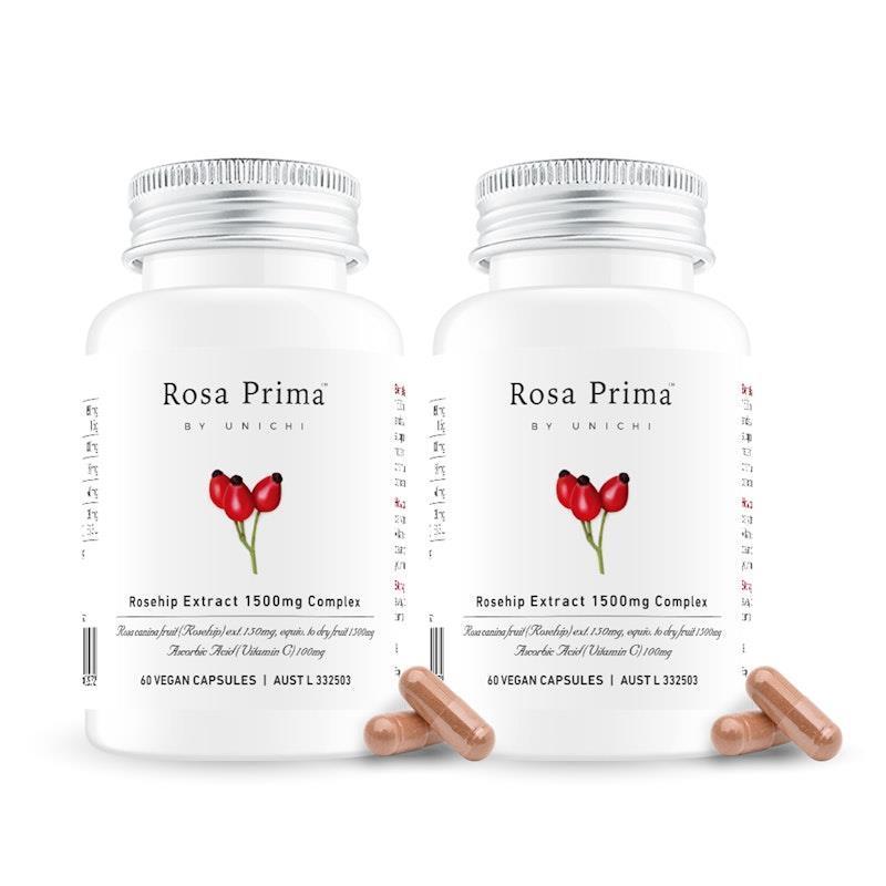 Load image into Gallery viewer, Unichi Rosa Prima Rosehip Extract 1500mg Complex 60 Vegan Capsules x2 Pack
