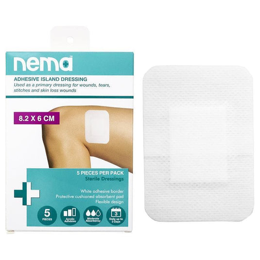 Nema Adhesive Island Dressing Non-Adherent Pad Sterile 8.2 x 6cm 5 Pieces/Box