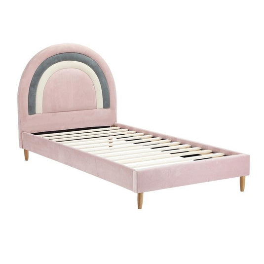 Oikiture Bed Frame Single Size Rainbow Kids Bed Frame Velvet Pink