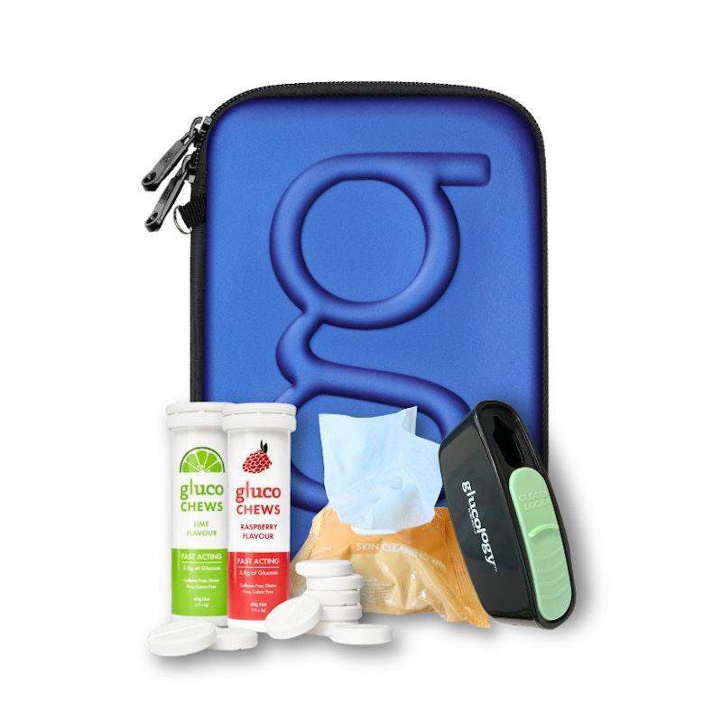 Load image into Gallery viewer, Glucology Blue Classic Case + 2 Tubes of Fast Acting Glucochews + 1 Sharps Bins + 1 x 20 Pack Alcohol Free Wipes Bundle
