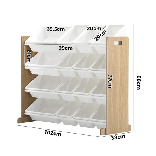 Oikiture Kids Toy Box Organiser 16 Bins Display Shelf Storage Rack Drawer White & Wooden
