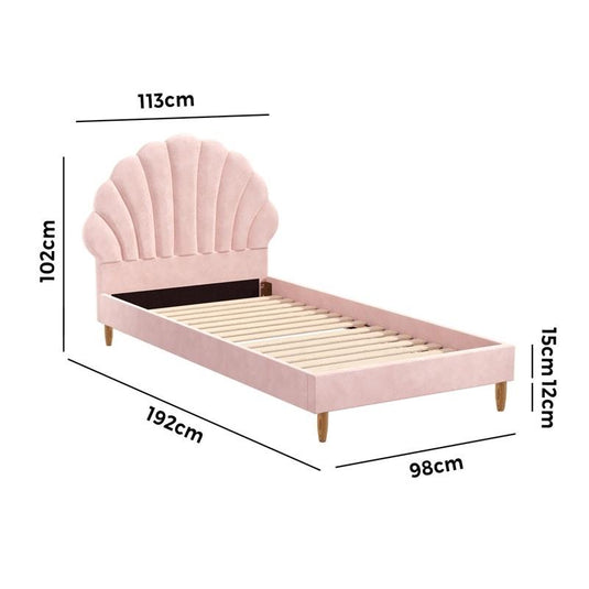 Oikiture Bed Frame Single Size Scallop-Shape Bedhead Velvet Pink