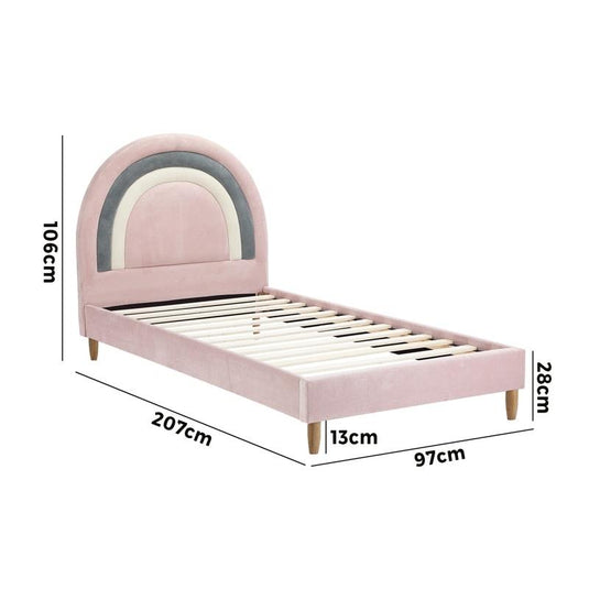 Oikiture Bed Frame Single Size Rainbow Kids Bed Frame Velvet Pink