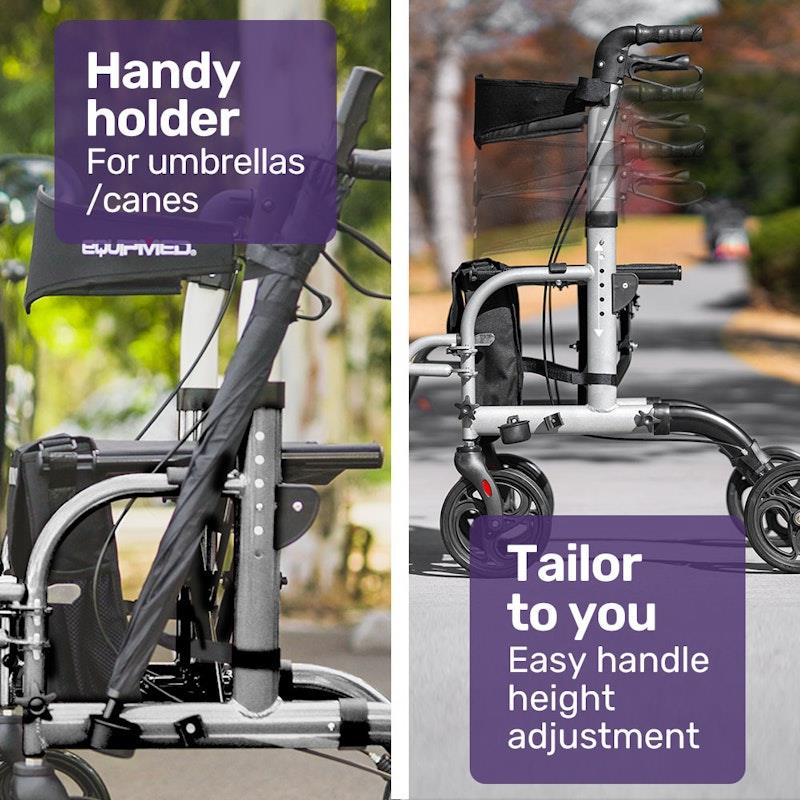 Load image into Gallery viewer, Equipmed 2-in-1 Foldable Aluminium Walking Frame Rollator Silver
