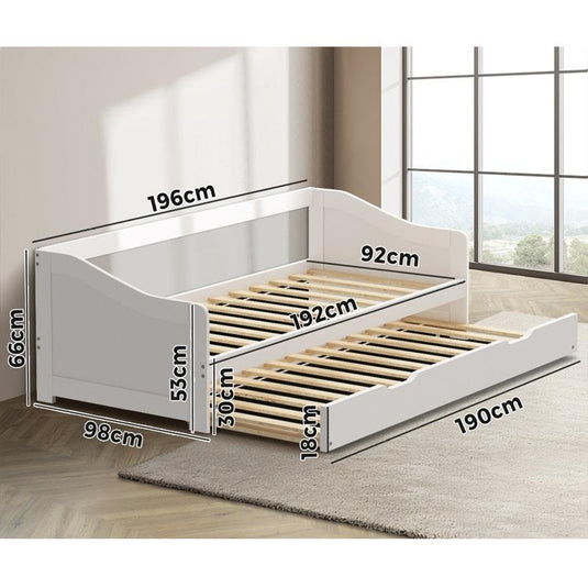 Oikiture Trundle Bed Frame Daybed Single Size Base Timber Wooden Single Beds x2 White
